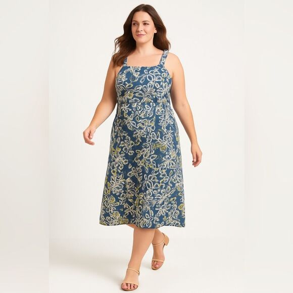 Boho Floral Midi Sundress Blue White Green Cotton Lined Side Zip Size 12 Merona - Picture 1 of 10